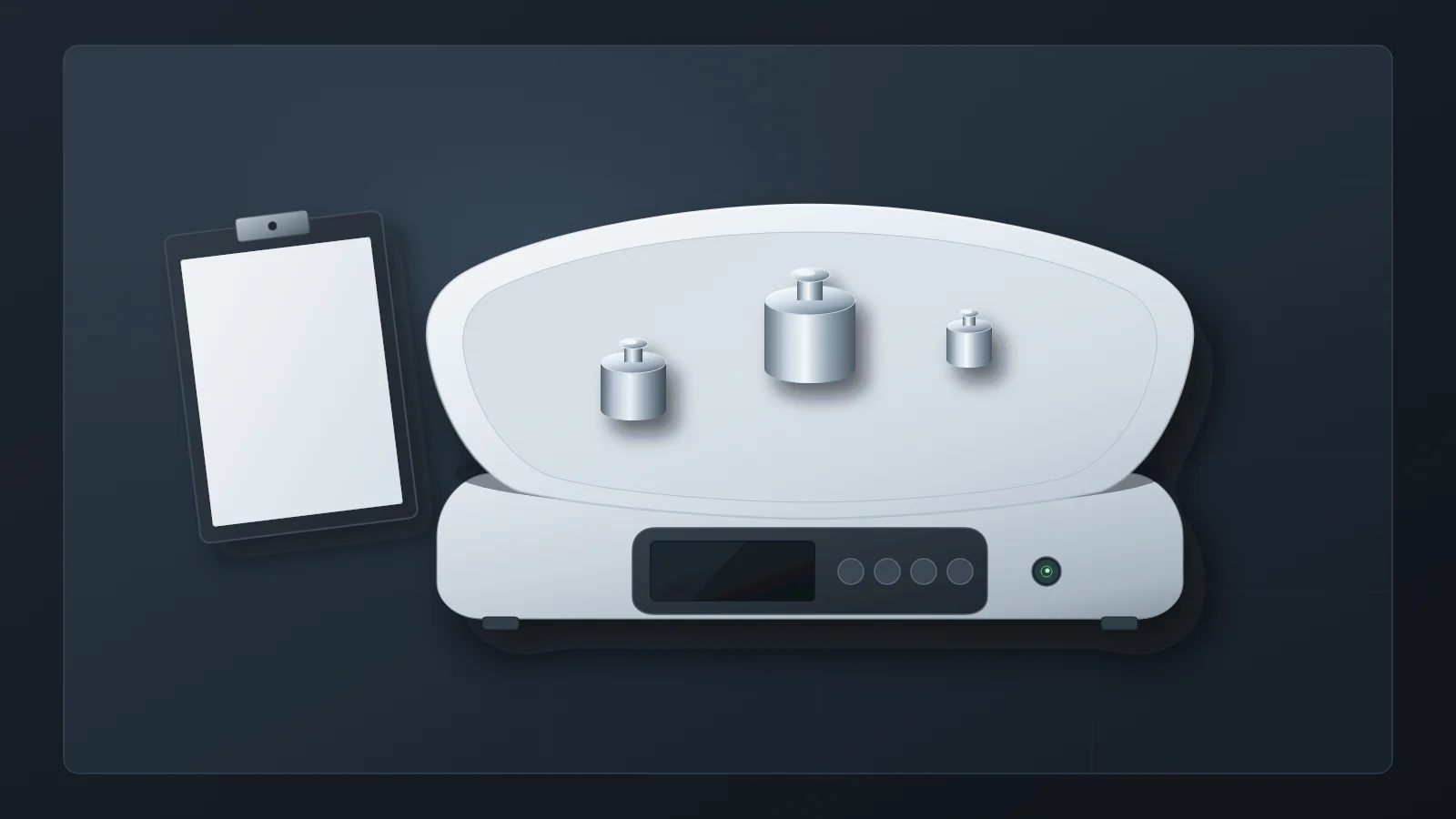 Illustrated still life of an electronic infant scale on a slate-blue clinical-engineering bench, with three stainless-steel test weights on the tray, one placed off-centre, beside a blank worksheet on a clipboard