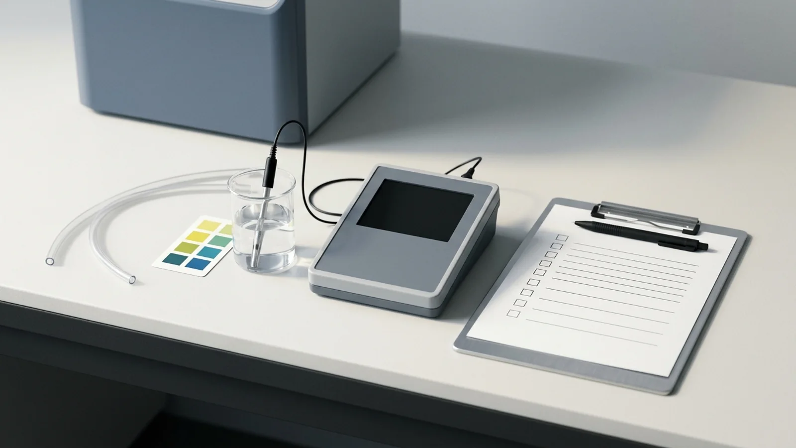 Conductivity meter and probe in a clear sample cup beside a color comparison card and blank checklist on a gray workbench.