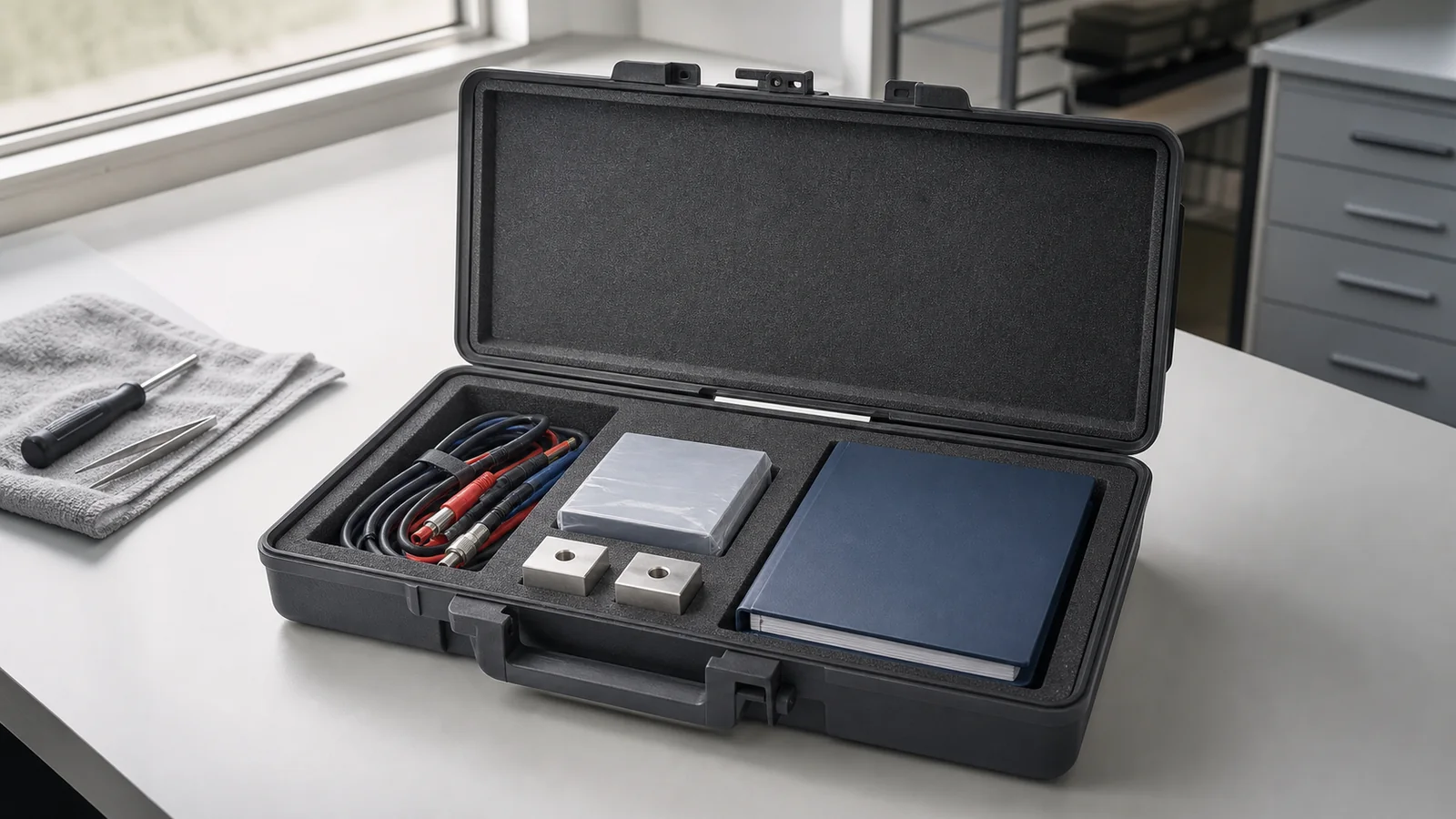 An unbranded service evidence case containing test leads, calibration blocks, a reference module, and a blank dossier
