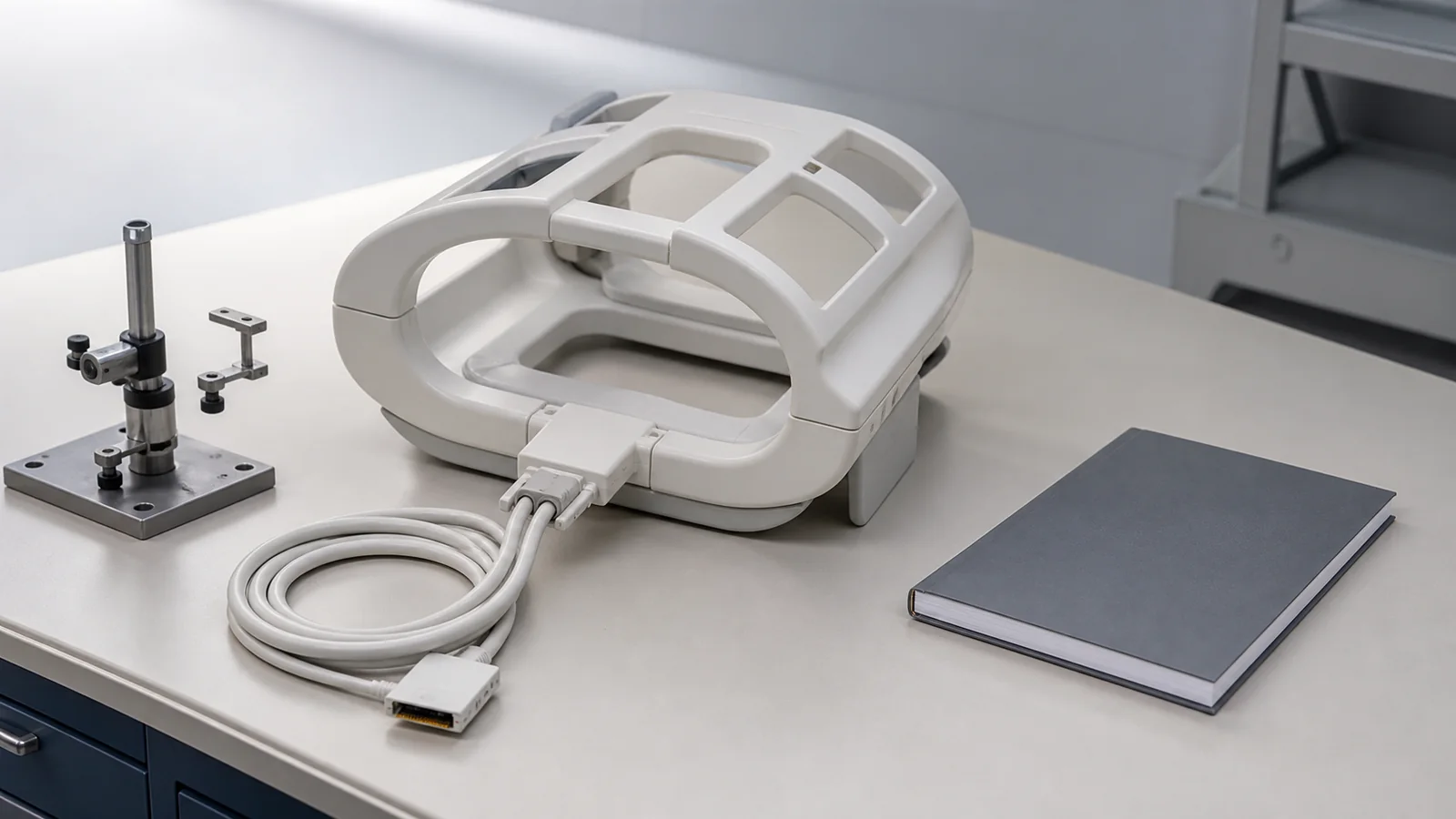 A generic MRI radiofrequency coil with an inspection fixture and blank decision notebook on a clinical-engineering bench