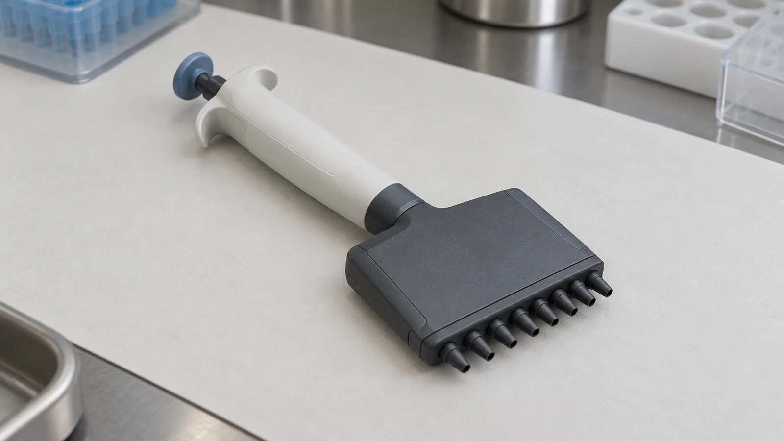 Eight-channel pipette resting on a clean laboratory bench mat, with its tip cones visible.
