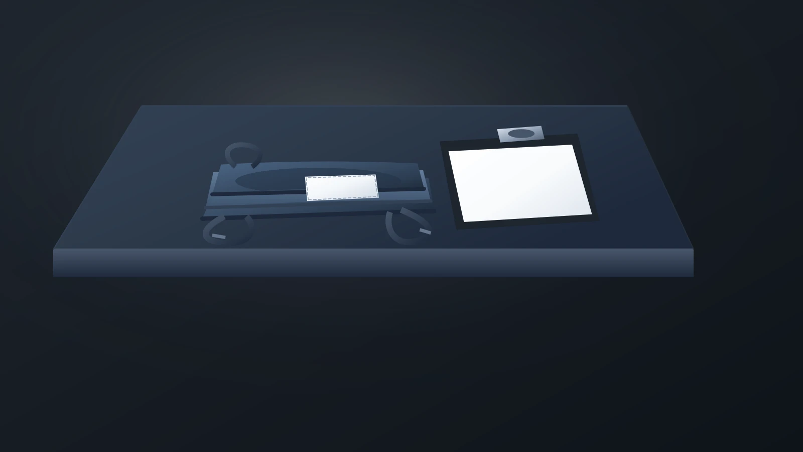 Illustration of a folded blue patient-lift sling with webbing loops and a blank sewn tag on a service bench beside a blank clipboard.