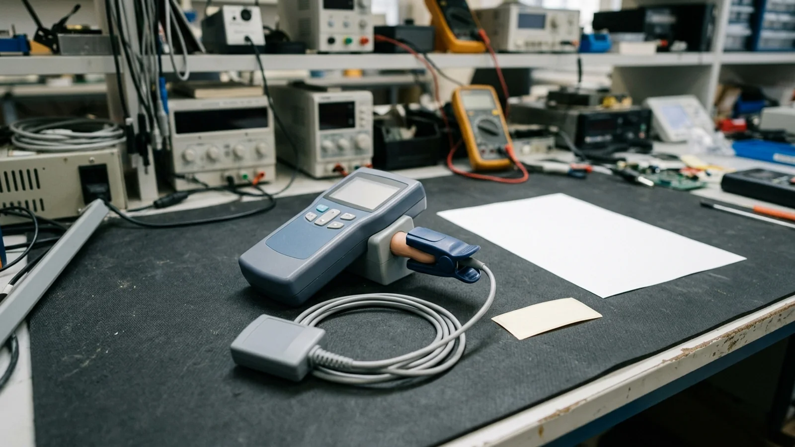 Reusable finger-clip SpO2 sensor seated on the artificial-finger fixture of a handheld functional tester on a clinical engineering workbench