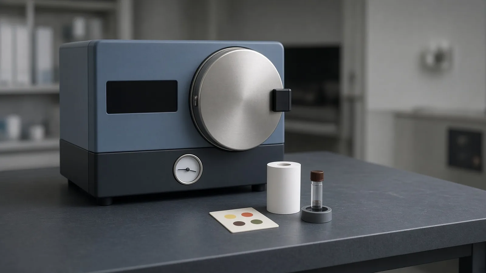 Unbranded compact steam sterilizer on a slate-gray workbench with a blank cycle-paper roll, unlabeled chemical-indicator color card, and closed brown-capped biological-indicator vial