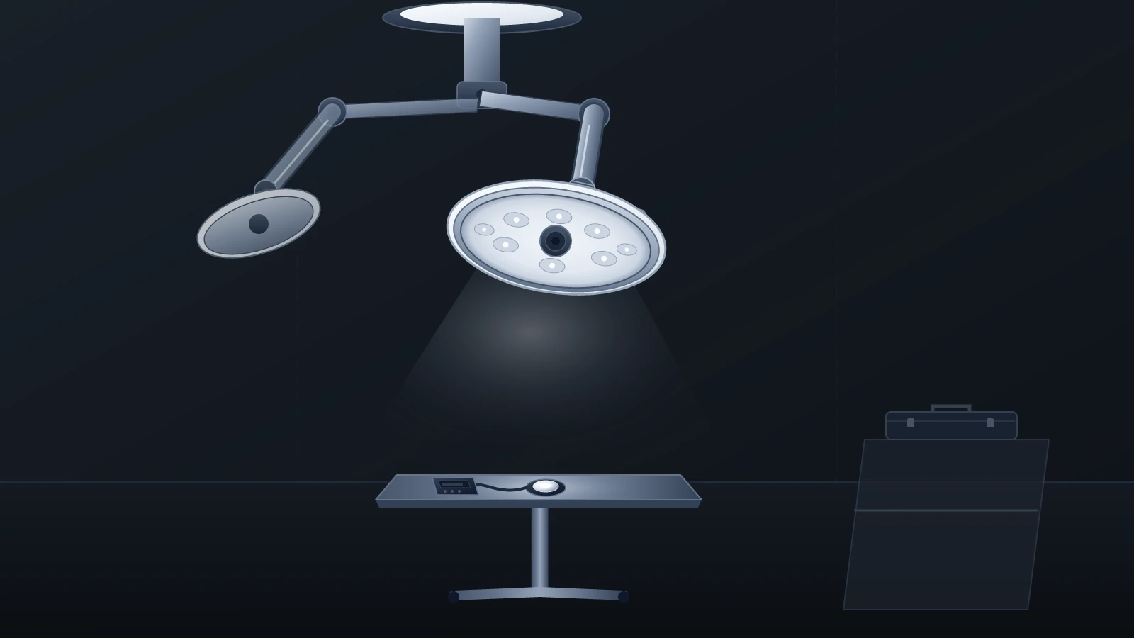 Illustration of a ceiling-mounted dual-head surgical light above an illuminance sensor on a clinical-engineering inspection stand.