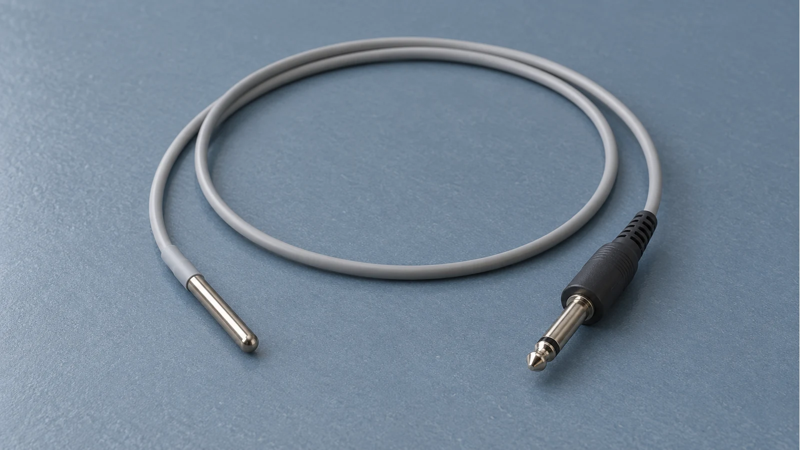 Coiled reusable temperature probe with a rounded metal sensor tip and phone plug on a slate-blue workbench